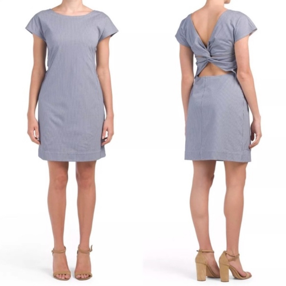 Theory Women’s Blue & White Seersucker Andrizza Dress Twist Back Cutout Size 10